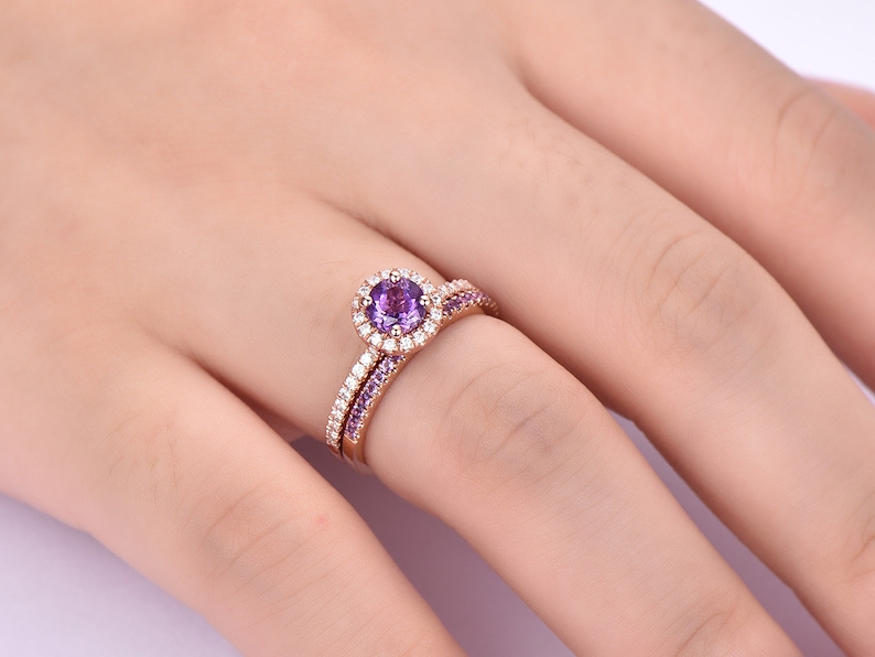 7mm Round Cut Amethyst Engagement Ring Set,Amethyst Wedding Band,14k Rose Gold,Anniversary ring,Promise ring,stacking ring,Gift for her
