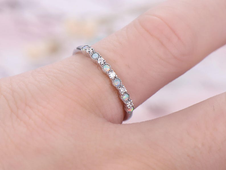 Opal /& diamond Engagement Band,14k white Gold,Anniversary ring,Promise ring,wedding ring,bridal ring,Half Eternity,Stackble,Gift for her