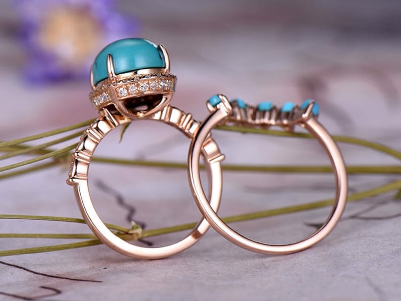 8x10mm Oval Cut Turquoise Engagement Ring Set,14k Rose Gold,Anniversary ring,Promise ring,Crown Band,Art deco Marquise,Prong,Gift for her