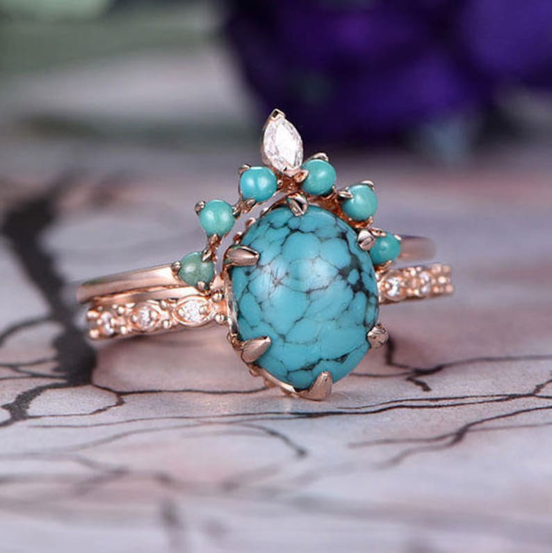 8x10mm Oval Cut Turquoise Engagement Ring Set,14k Rose Gold,Anniversary ring,Promise ring,Curved Shape,Art deco Marquise,Prong,Gift for her