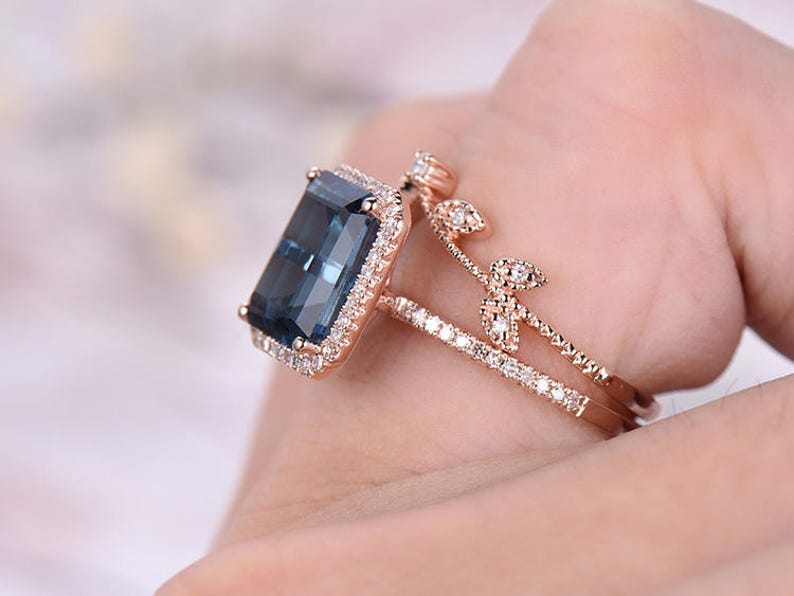 8x10mm Emerald Cut London Topaz Engagement Ring,14k Rose Gold,Anniversary ring,Promise ring,Pave Set,Prong,Art Deco Leaf,Prong,Gift for her