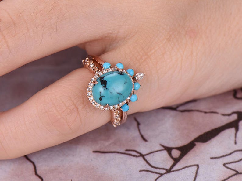 8x10mm Oval Cut Turquoise Engagement Ring Set,14k Rose Gold,Anniversary ring,Promise ring,Crown Band,Art deco Marquise,Prong,Gift for her