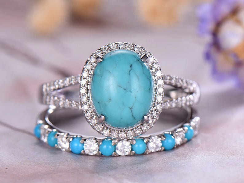 8x10mm Oval Cut Turquoise Engagement Ring Set,14k White Gold,Ann 8x10mm Oval Cut Turquoise Engagement Ring Set,14k White Gold,Ann