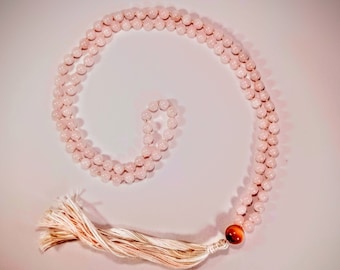 Rosenquarz Mala Halskette, handgeknotete Mala, Hand geknüpfte Quaste Halskette, natürlichen Stein Rosenquarz, Herz-Chakra-Stein-Halskette