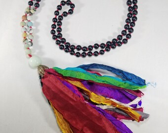 Zen mala, 108 bead mala, hand knotted tassel necklace, Onyx mala necklace, meditation necklace, silk tassel necklace
