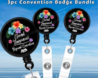 JW 2026 “Eternal Happiness” Convention Badge Holder – Tropical Flowers on Black – Convention Badge Reel