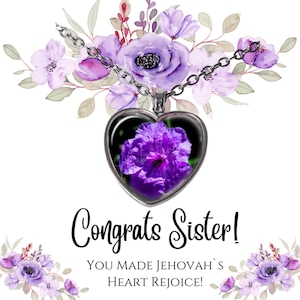 Collier coeur de baptême fleur mauve personnalisé Jw Sister avec nom et date de baptême Cadeaux Jw Pioneer Félicitations message carte bijoux
