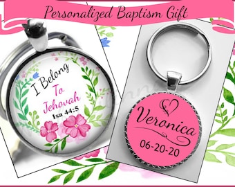 Pink Floral Personalized Double Sided JW Baptism Keychain Gift &quot;I Belong To Jehovah&quot; Scripture Quote  Isaiah 44:5 With Name &  Baptism Date