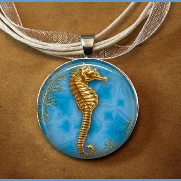 Blue Gold Seahorse Design, Photo Art Jewelry Necklace  Antique Vintage Inspired Cruise Jewelry