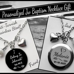 Jw Baptism Gifts "I Belong To Jehovah" 2 Sided  Pearl, Heart Charmed Stainless Steel Necklace With Name & Baptism Date