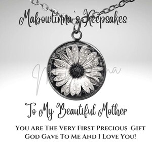 Cadeau pour maman, à ma belle mère Dainty Marguerite noire et blanche fleur photo art pendentif collier carte message bijoux 18" acier inoxydable