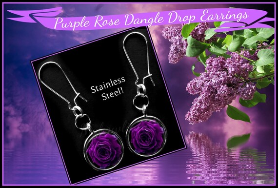 Purple Rose Dangle Drop Earrings Purple Flower Jewelry Stainless