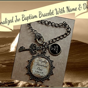Personalized Jw Baptism Gift "Highly Favored One"  Key Charmed Scripture Quote Luke 1:28 Bracelet With Name & Baptism Date