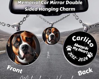 May include: A double-sided car mirror charm with a photo of a dog on the front and a memorial inscription on the back. The inscription reads "Carlito Always In My Heart 2012-2024".