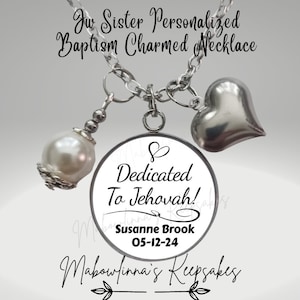 Personalized JW Baptism Gift  &quot;Dedicated To Jehovah&quot; Pearl Heart Charm Necklace With Name & Baptism Date Gift For Jw Sister