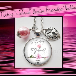 Personalized Jw Gifts Pink Floral &quot;I Belong To Jehovah&quot; Charmed Necklace With Name And Baptism Date  Assembly, Convention Baptism Gift