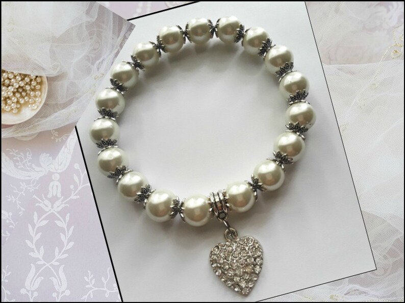 Glass Pearl Crystal Heart Charm Classic Formal Bracelet - Etsy
