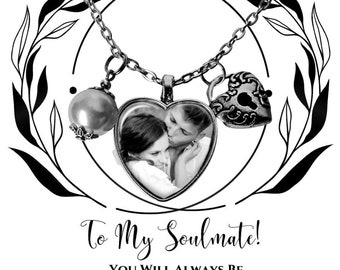 To My Soulmate Couples Custom Photo Heart Picture Charm Necklace With Custom Back Quote, Message Card Jewelry Gift For Wife, Girlfriend