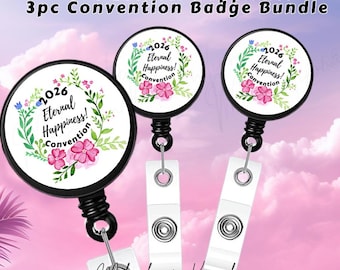 JW 2026 “Eternal Happiness” Convention Badge Holder – Pink Floral – Regional Convention Badge Reel – Single or 3‑Pc Bundle Pack