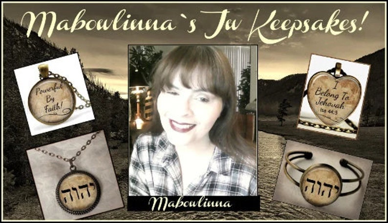 May include: Image featuring jewelry with religious themes. Includes a necklace, pendant, and bracelet, each with a circular or heart-shaped design. The text "Powerful By Faith!" and "I Belong To Jehovah" are visible. The brand name "Maboulinna's Ju Keepsakes!" is also displayed.
