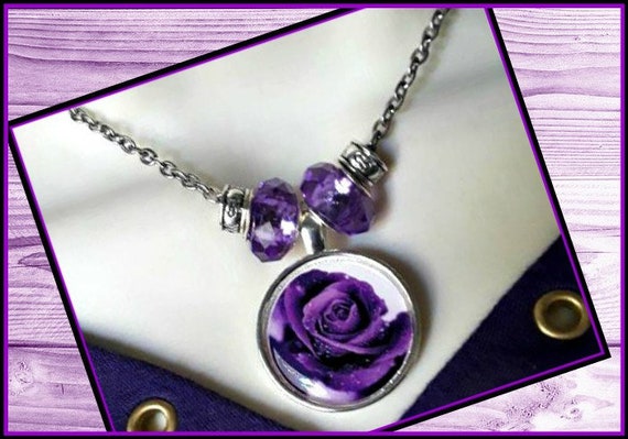 Purple Flower Jewelry Purple Rose Photo Art Image Pendant Necklace