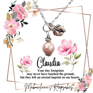 Perdita della bambina, collana con ciondolo commemorativo perla rosa e piedini di bambina con biglietto con messaggio personalizzato ricordo ricordo aborto spontaneo condoglianze