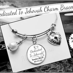 Personalized JW Baptism Gift  &quot;Dedicated To Jehovah&quot; Pearl Heart Charm Bangle Bracelet With Name & Baptism Date Gift For Jw Sister
