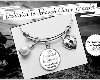Personalized JW Baptism Gift  &quot;Dedicated To Jehovah&quot; Pearl Heart Charm Bangle Bracelet With Name & Baptism Date Gift For Jw Sister