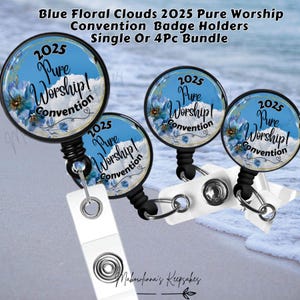 JW Convention Badge Holder 2025 &quot;Pure Worship&quot; Regional Convention Badge Reel, Blue Floral Clouds Design Single Or 4Pc Bundle Pack