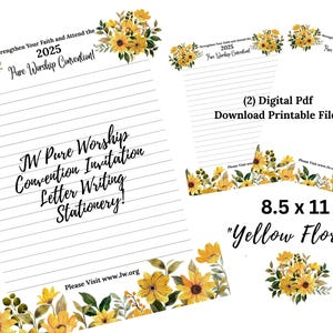 Plantilla de carta floral amarilla para los Testigos de Jehová / Campaña de redacción de cartas para la Convención de Adoración Pura 2025 / Descarga digital (PDF) – Con y sin líneas
