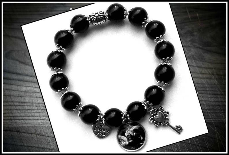 Black Silver Bead Baby Sonogram Ultrasound Photo Charm Stretch Bracelet Gifts For Maternity Mom Baby Shower Gift
