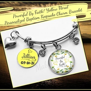 JW Baptism Keepsake Gift&quot; Powerful By Faith&quot;  &quot;Yellow Floral&quot; Charm Bracelet With Name & Baptism Date