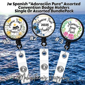 CLEARANCE! JW 2025 “Adoración Pura” Convention Badge Holder – Assorted Floral 3 Pc Bundle Pack or Single | Spanish Convention Badge Reels