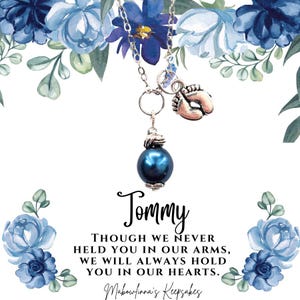 Perdita del bambino, collana con ciondolo commemorativo perla blu e piedini del bambino con biglietto con messaggio personalizzato ricordo ricordo aborto spontaneo condoglianze
