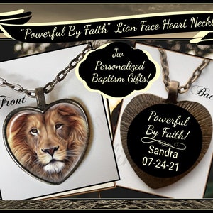 JW "Powerful By Faith" Lion Face Heart Necklace Convention Gift Personalized With Name & Baptism Date  Antique Bronze