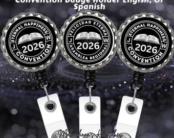 JW 2026 Convention Badge Holder – “Eternal Happiness” Badge Reel – Single or 3‑Pack Bundle – Black, White Open Bible Design English, Spanish
