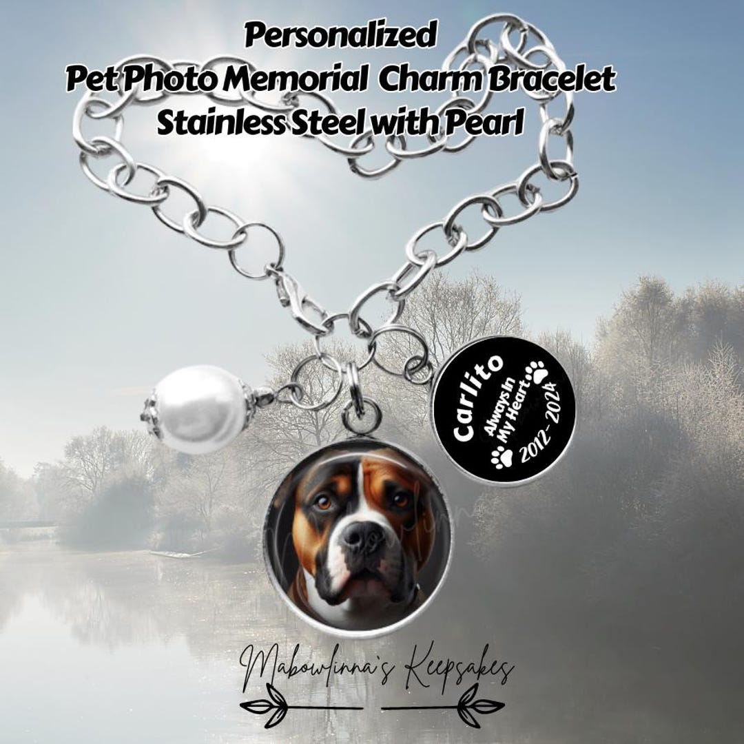 Dog Loss Memorial Bracelet - Personalized Pet Photo, Pearl & Quote ...