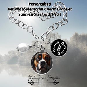 Dog Loss Memorial Bracelet - Personalized Pet Photo, Pearl & Quote Charms, Sympathy Gift for Dog Owners