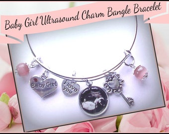 Baby Girl Ultrasound Sonogram Photo Charm Bangle Bracelet Maternity Mom, New Grandma Gift Baby Shower Gift