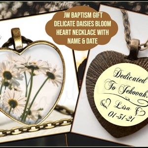 Double Sided JW Baptism Gift Heart Necklace Delicate Daisies "Dedicated To Jehovah" Personalized With Name & Baptism Date Antique Bronze
