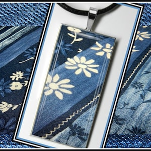 Rectangle Blue White Denim  Retro Flower Pendant Ladies Necklace  Denim Blue Jean Jewelry