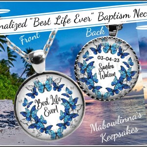 Jw Baptism Gifts &quot;Best Life Ever&quot; Blue Butterflies Double Sided Necklace  With Name & Baptism Date, Jw Assembly Convention Gift