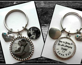 GIFT For New Dad To Be! Maternity Couple Picture With Baby Ultrasound Sonogram Image And Gender Reveal Charm! Double Sided Keychain