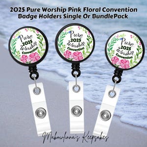 JW Convention-badgehouder roze bloemen 2025 "Pure Worship" regionale conventie-badgehouder, enkel of 3-delig bundelpakket