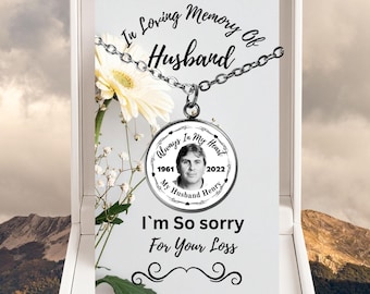 In Loving Memory Necklace – Husband Loss Gift for Widow – Stainless Steel Photo Pendant with “Always in My Heart” Sympathy Message Card
