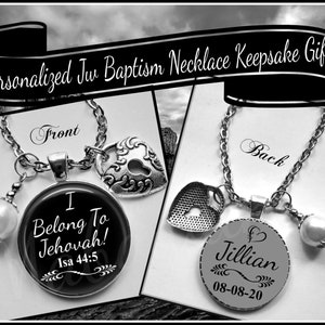 Jw Baptism Gifts "I Belong To Jehovah" 2 Sided  Pearl, Heart Charmed Necklace Keepsake With Name,Baptism Date