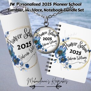 May include: A personalised graduation gift set featuring a white tumbler, necklace and notebook. The tumbler and notebook have a gold circle with the text "Pioneer School 2025" and the name "Sabrina Williams". The necklace features a round pendant with the same design.
