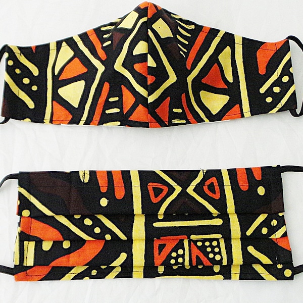 Cloth Face Mask with Filter Pocket, African Mud Cloth Print, Black, Orange and Brown, Reusable, Washable, Adult, 100% Cotton, Made in USA