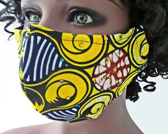 Sequined Ankara Print Face Mask with Filter Pocket, Cloth Face Mask, Yellow, Blue and Maroon, 100% Cotton, Reusable, Washable, Made in USA