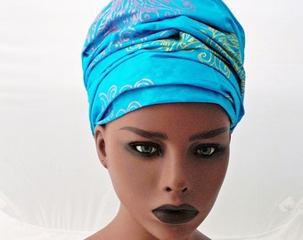 Falling in Love Head Wrap and Face Mask Set, African Wax Print, Turquoise, Pink, Metallic Gold, Jacquard Head Wrap, Mask with Filter Pocket
